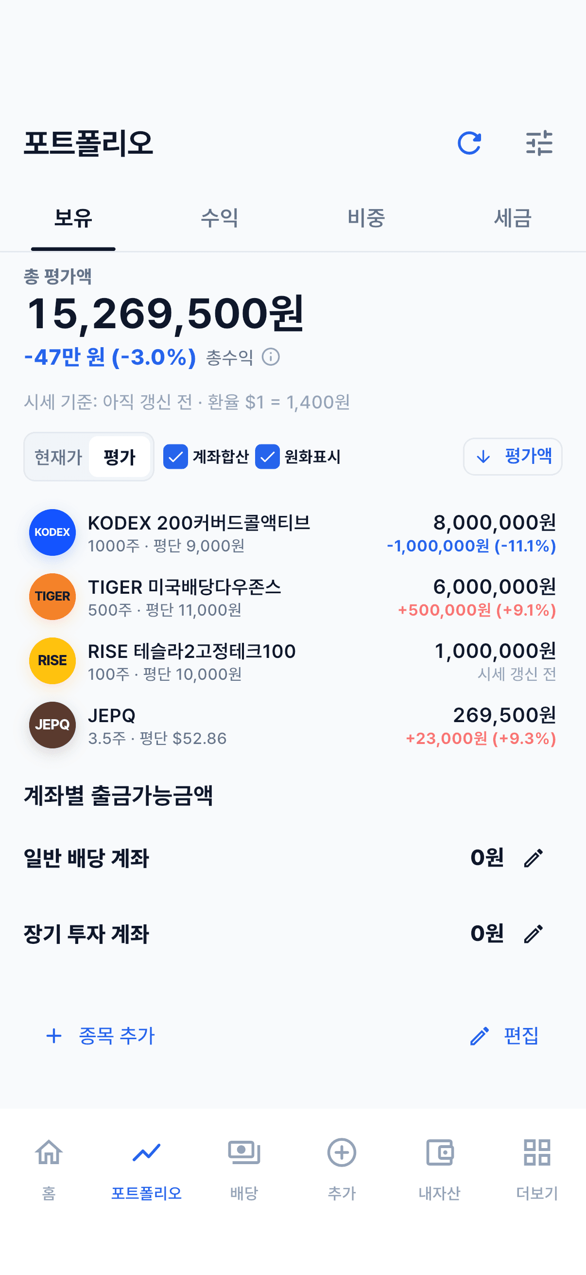포트폴리오의 종목별 합산 화면