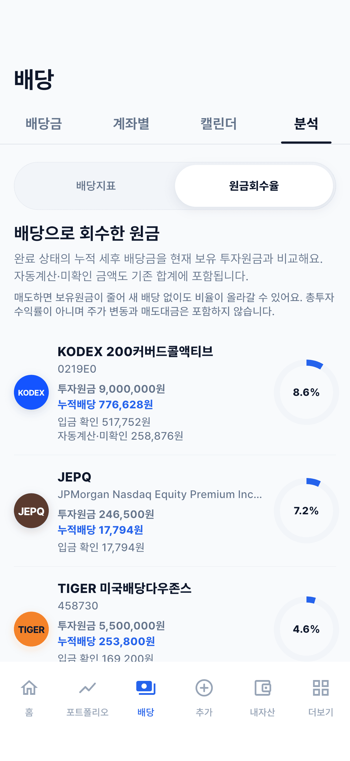 종목별 투자원금과 누적 배당을 비교하는 원금회수율 화면