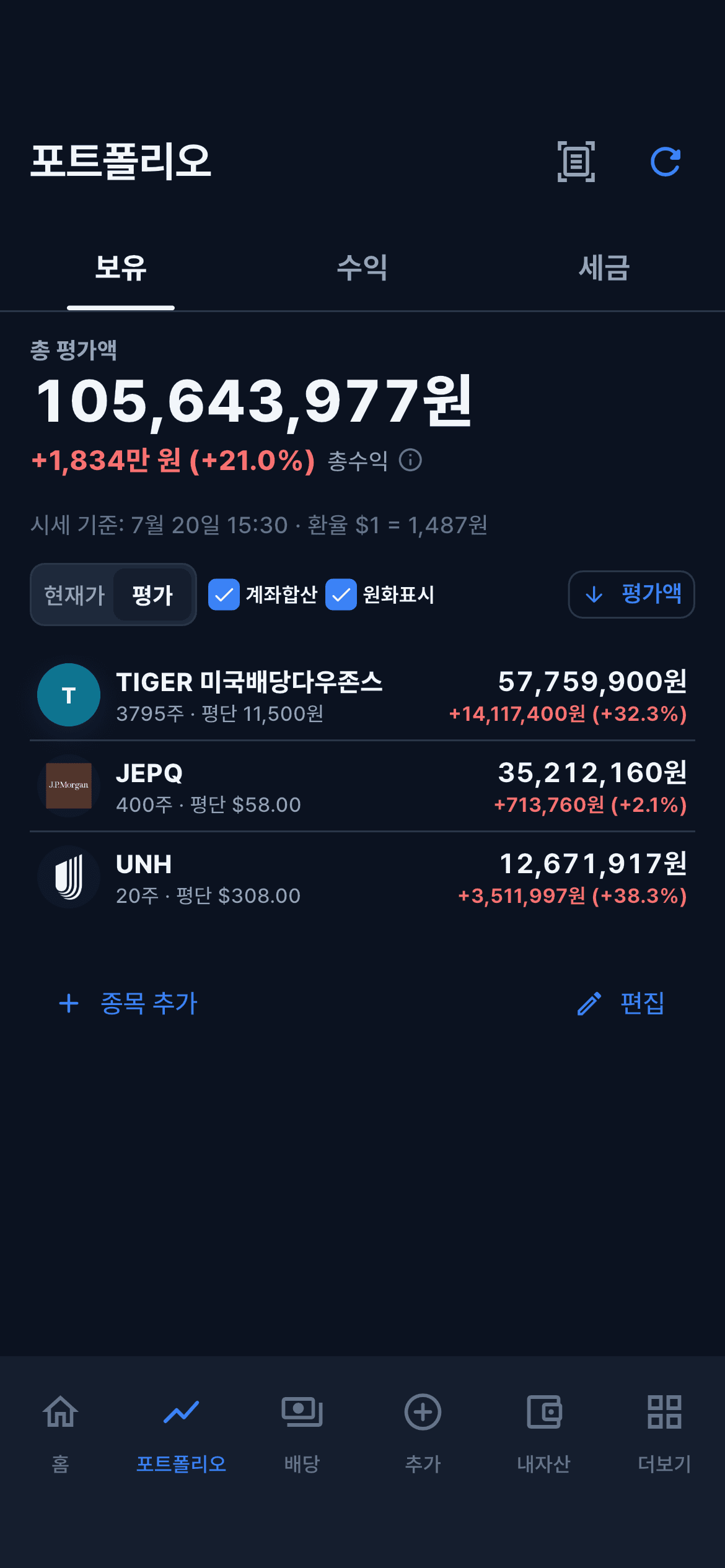 포트폴리오의 종목별 합산 화면
